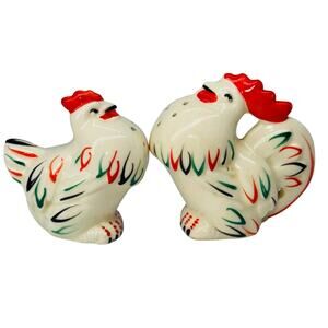 Vintage Rooster Hen Chicken Salt And Pepper Shakers Ceramic MADEIN SLOVAKIA USSR